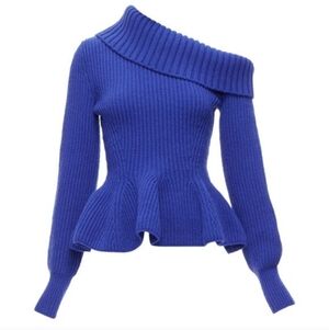 Alexander McQueen cobalt wool cashmere off shoulder peplum ribbed sweater